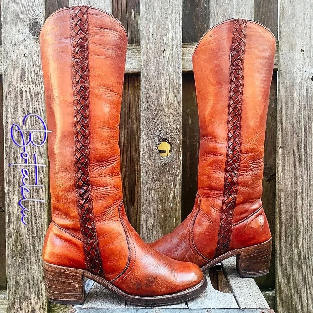 FRYE True Vintage Black Label Tall Knee High Braided Campus Brown Boots Size 7 - Picture 1 of 12